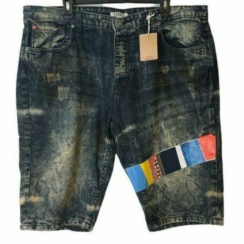Staple Pigeon Jean Shorts Mens 40 Distressed Patches Totem Denim NEW